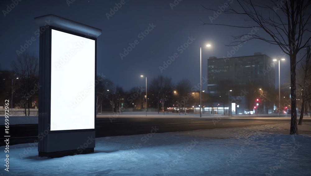 Advertising information pylon with white field glowing at night Advertising information pylon with white field glowing at night