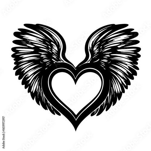 Heart design with angel wings in black vector art for decorative and illustrative purposes