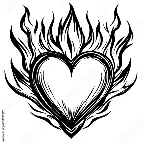 Flaming heart design showcasing intricate flames entwined with a heart shape, symbolizing passion and intensity in art and creativity