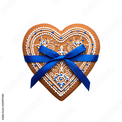 Oktoberfest gingerbread heart cookie with blue ribbon. Isolated white background. Png format
