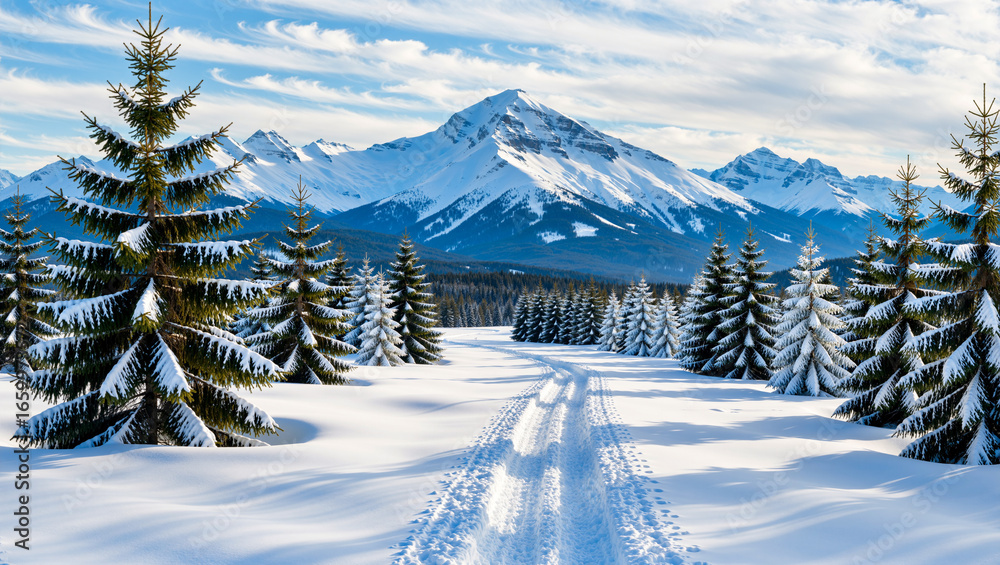 Fototapeta premium Breathtaking winter landscape with snowy mountains and pine trees