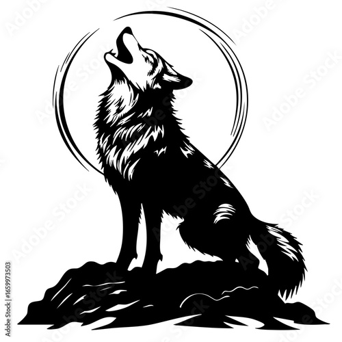 Vector design of a howling wolf standing on a rock with a circular element, conveying a sense of wilderness and nature
