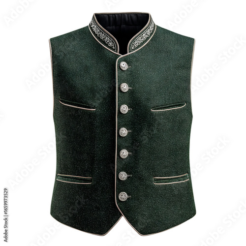 Oktoberfest vest for men dark green wool with silver buttons. Isolated white background. Png format