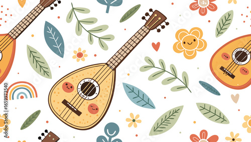 Cute kawaii mandolin and floral seamless pattern illustration