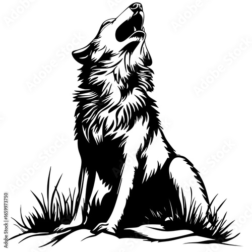 Wolf howling at the moon during the night with grass in the foreground