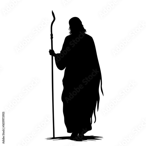 Figure of a shepherd holding a staff with flowing robe and long hair in silhouette form against a blank field