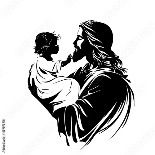 Depiction of a caring figure gently holding a child, symbolizing love and protection in a spiritual context