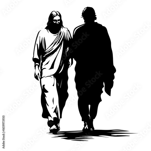 Walking figures depict a spiritual journey through companionship and reflection in a moment of connection and guidance