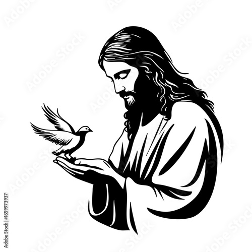 Jesus gently holding a dove in his hands, symbolizing peace and compassion
