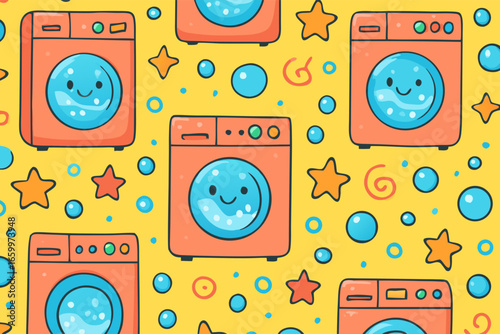 Seamless Pattern of Cute Cartoon Washing Machines and Bubbles