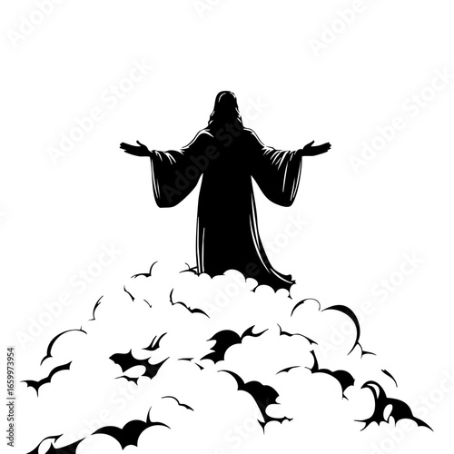 Silhouette of a figure with outstretched arms standing atop clouds, representing peace and hope in a spiritual context