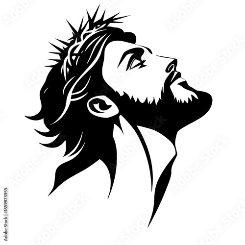 Expression of reverence in black vector art depicting a crowned figure looking up with a focused gaze and flowing hair