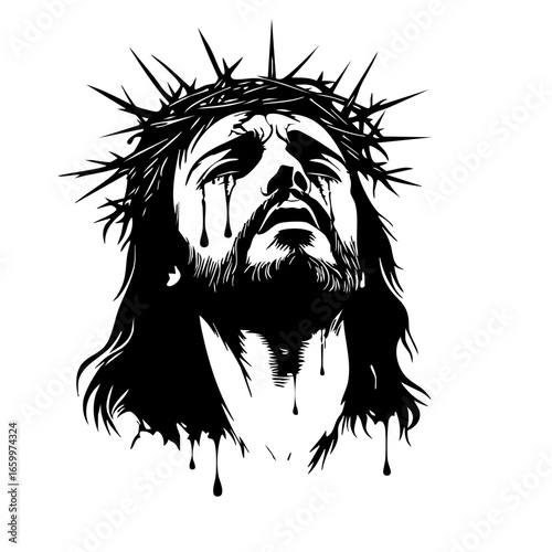 Crying man with crown of thorns expressing deep sorrow and emotional pain in a powerful religious depiction