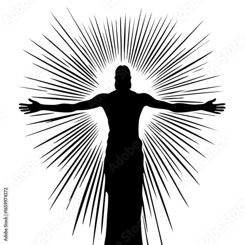 Silhouette of a figure with outstretched arms surrounded by dynamic rays symbolizing openness and embrace