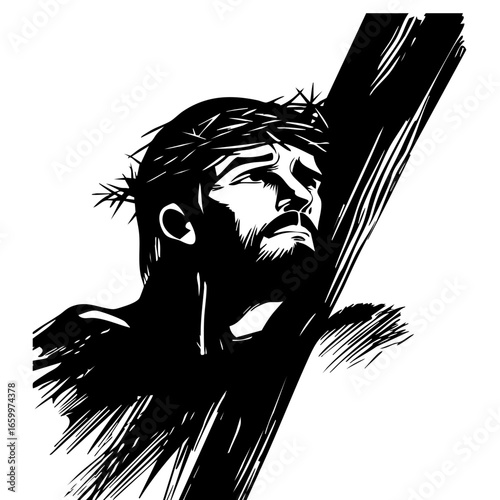 Depiction of a man with a crown of thorns expressing emotion while bound to a wooden cross