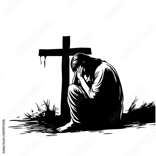 Grief and reflection at a grave site with a figure mourning near a cross symbolizing loss and remembrance