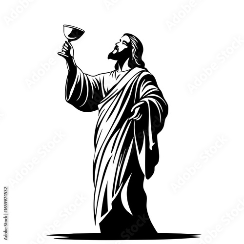 Elegant representation of a hooded figure holding a chalice with a solemn expression, conveying a sense of reverence and spirituality