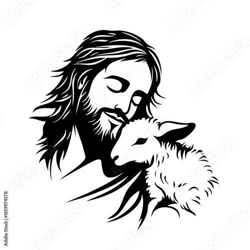 Representation of a kind man in a serene moment with a gentle lamb, embodying compassion and love for all creatures