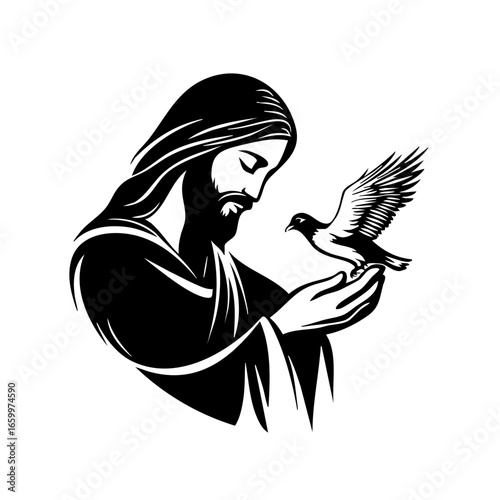 Representation of a figure caring for a bird with a symbolic gesture in a tranquil environment emphasizing compassion and peace