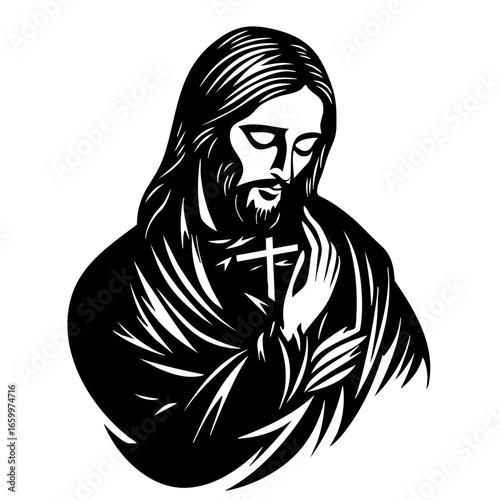 Intricate black vector illustration depicting a solemn figure with long hair and a cross on the chest, conveying peace and contemplation