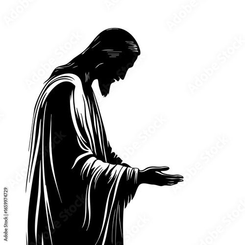 Silhouette of a figure with outstretched hands symbolizing compassion and spiritual guidance in a serene manner