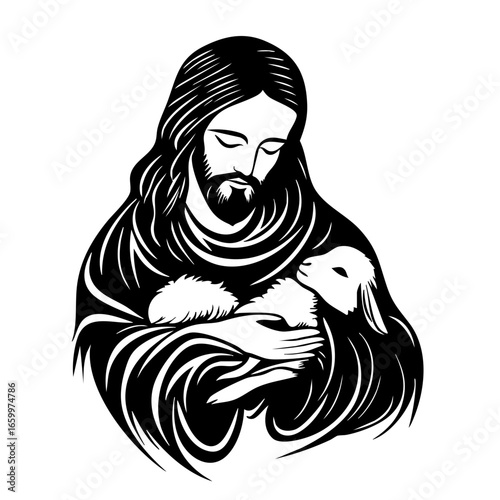 Depiction of a figure holding a lamb with flowing robes, embodying compassion and care in a serene moment of tenderness