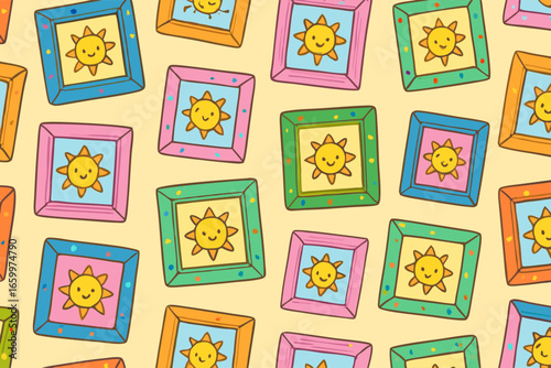 Cartoon Sun Frames Pattern - Cheerful & Bright Background Design
