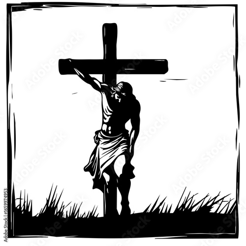 Black vector illustration of a figure on a cross depicting a moment of sacrifice and suffering in a spiritual context