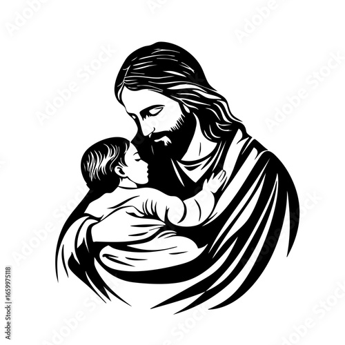 Depiction of Jesus Christ holding a child in a loving embrace, symbolizing compassion and care in traditional art style