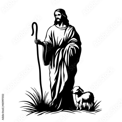 Shepherd figure guiding sheep through a grassy field with compassion and care