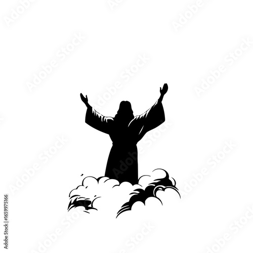 Silhouette of a figure with raised arms surrounded by clouds representing triumph or divine presence