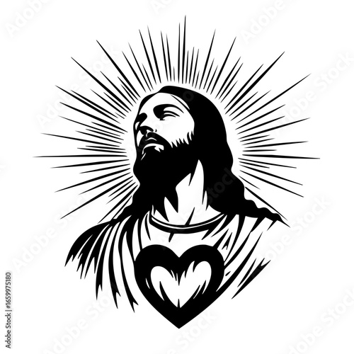 Religious symbolism of a serene figure radiating light and compassion, with heart motif representing love and faith