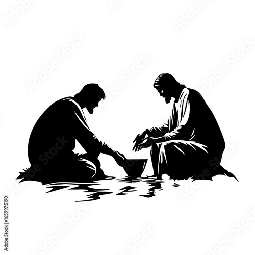 Two figures engaged in a ceremonial act of washing feet in a spiritual setting at sunset, depicting humility and service