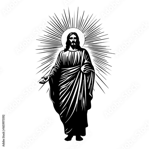 Jesus figure with rays of light emanating from a halo, symbolizing divinity and spiritual illumination in art