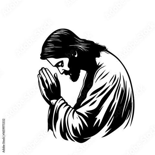 Depiction of a figure with long hair and beard in a prayerful pose conveying spirituality and contemplation in a serene atmosphere