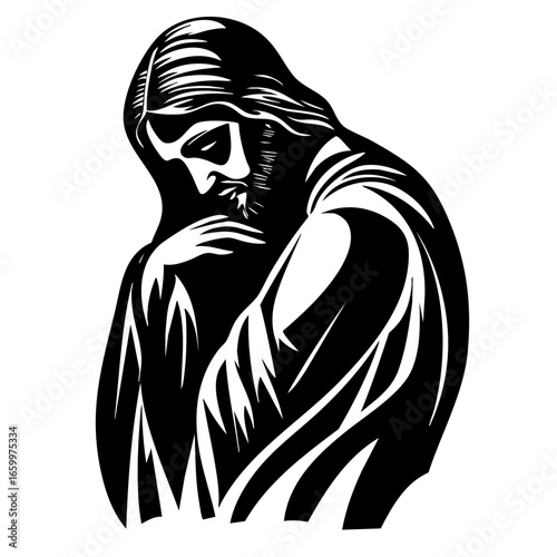 Elegant black vector representation of a contemplative figure with long hair and robes in a moment of reflection