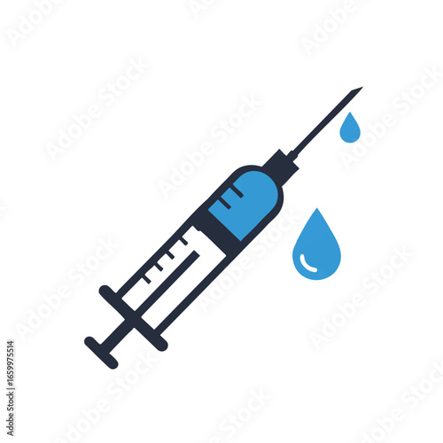 A minimalist 2D flat vector illustration features a clean medical syringe with a precise single liquid drop, isolated on a bright white background, symbolizing health and vaccination.
