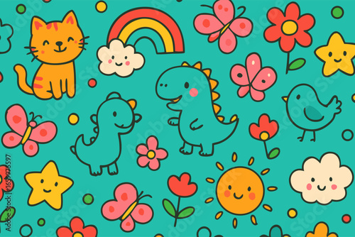 Cute Cartoon Characters and Elements Seamless Pattern Background