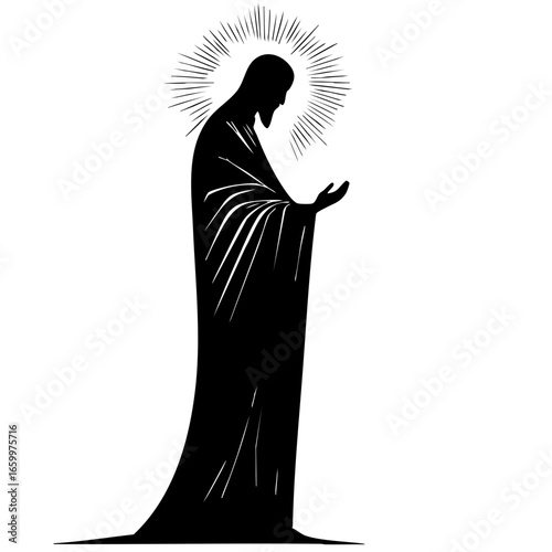 Silhouette of a religious figure in prayer with radiant halo, conveying peace and devotion in a spiritual setting