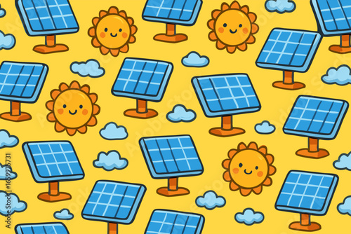 Cute solar panels and sunshine illustrations - eco-friendly energy concept
