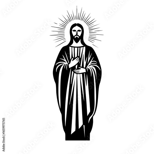 Black vector illustration of a religious figure holding a sacred heart with rays of light emanating, symbolizing devotion and faith