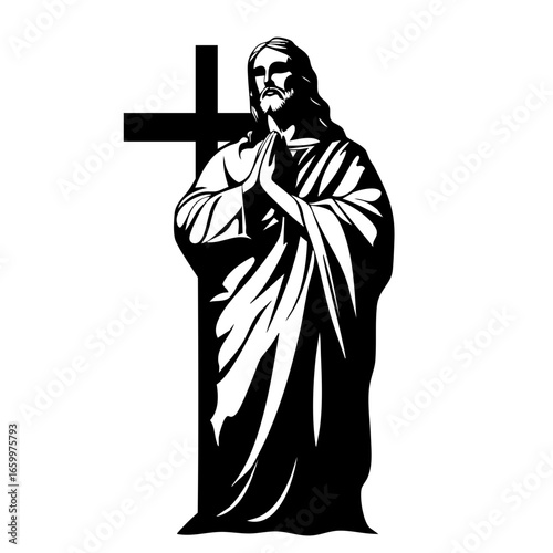 Jesus praying with hands clasped near a cross in a respectful and serene gesture symbolizing faith and devotion