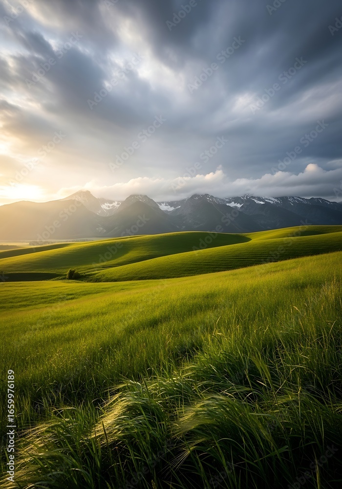 Fototapeta premium Dramatic Landscape of Rolling Green Hills Under Cloudy Sky.