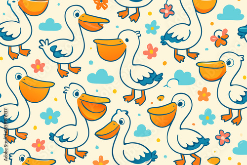 Playful Pelican Pattern Delightful Background of Cartoon Birds and Flowers