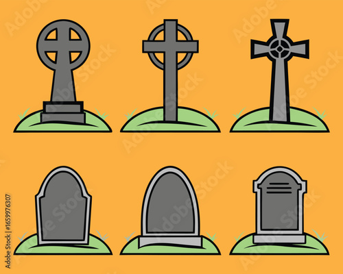 Cartoon Gravestones and Headstones Vector Art Illustration for Halloween or Cemetery Design
