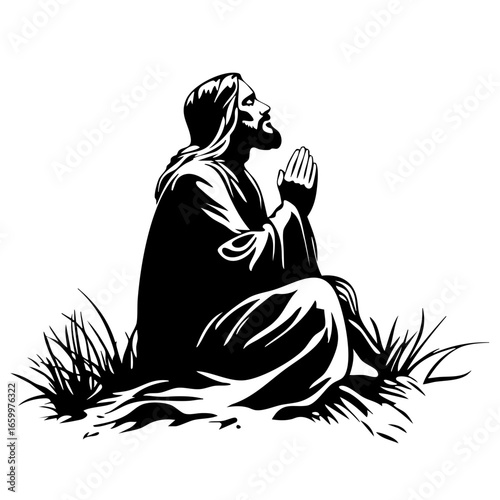Praying figure in a serene posture with hands clasped in devotion surrounded by grass