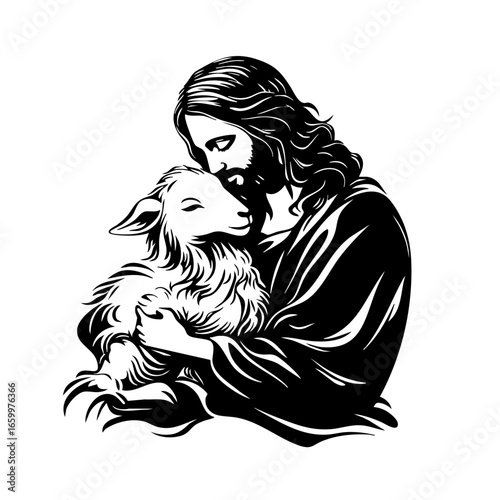 Jesus holding a lamb, representing compassion, love, and care in a religious context, focusing on the bond between humanity and faith