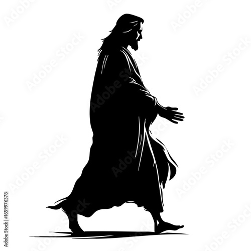 Walking figure in draped clothing representing a historical or religious figure moving thoughtfully across a pathway