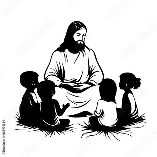 Jesus teaching children in a serene gathering under natural surroundings sharing wisdom and love