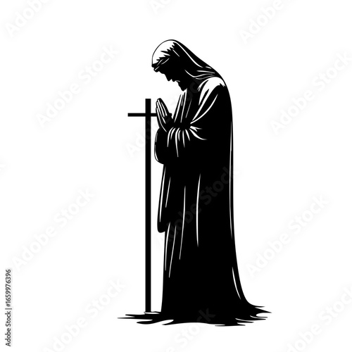 Praying figure with crossed hands standing beside a cross illustrating reverence and spirituality